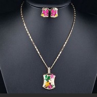 Ensemble Rectangulaire Fleurs multicolor Collier & B.O clips