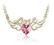 Chaîne Dorée & Pendentif Ailes d'Ange "Love" Coeur de Cristal Fuschia