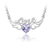 Chaîne Argentée & Pendentif Ailes d'Ange "Love" Coeur de Cristal Violet