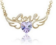 Chaîne Dorée & Pendentif Ailes d'Ange "Love" Coeur de Cristal Violet