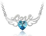 Chaîne Argentée & Pendentif Ailes d'Ange "Love" Coeur de Cristal Bleu