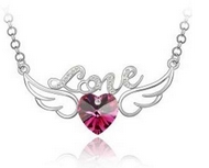 Chaîne Argentée & Pendentif Ailes d'Ange "Love" Coeur de Cristal Fuschia