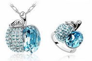 Ensemble Chaîne Pendentif & Bague Pomme Bleue Swarovski Elements