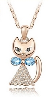 Chaîne & Pendentif Chat doré Bleu Swarovski Elements