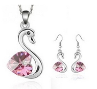 Ensemble Chaîne Pendentif & Boucles d'Oreilles Cygne Rose Swarovski Elements