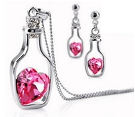 Ensemble Bouteille à la Mer Argentée & son Coeur de Cristal Fuschia