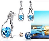 Ensemble Bouteille à la Mer Argentée & son Coeur de Cristal Bleu