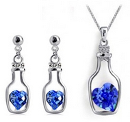 Ensemble Bouteilles à la Mer Argentée & son Coeur de Cristal Bleu foncé