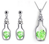 Ensemble Bouteille à la Mer Argentée & son Coeur de Cristal Vert