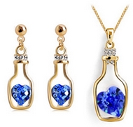 Ensemble Bouteille à la Mer Dorée & son Coeur de Cristal Bleu foncé