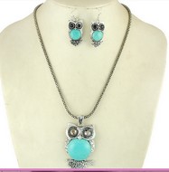 Ensemble Collier & Pendant d'Oreille Hibou pierre turquoise