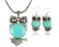 Ensemble Collier & Pendant d'Oreille Hibou pierre turquoise
