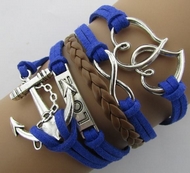 Bracelet Liens Bleus & Marron Ancre, Love, Infini & Double Coeur