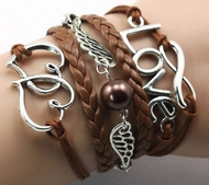 Bracelet Liens Marrons Ailes, Love, Infini & Double Coeur