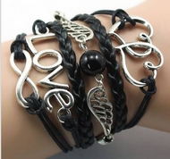 Bracelet Liens Noirs Ailes, Love, Infini & Double Coeur