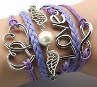 Bracelet Liens Mauves Ailes, Love, Infini & Double Coeur