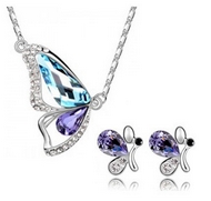 Ensemble Chaîne Pendentif & Clous d'oreilles Demi-Papillon Swarovski Bleu Violet