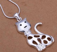 Chaîne & Pendentif Chat Argenté avec Cristaux