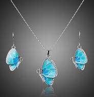 Ensemble Chaîne Pendentif Pendant d'Oreille Demi Papillon Bleu swarovski